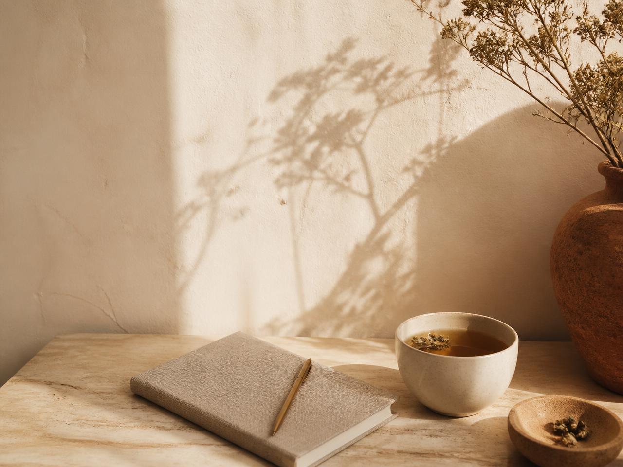 Carnet et tasse de tisane dans un intérieur lumineux