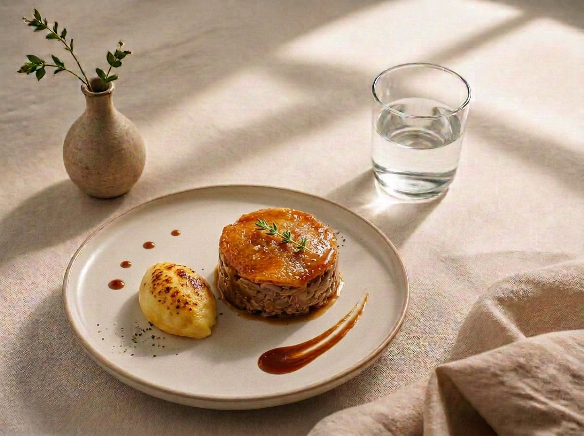 Généreuse viande rôtie avec pommes de terre et purée, dressée avec soin sur une nappe de lin
